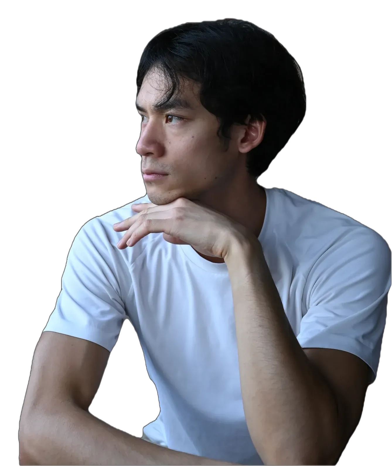Teo Bouancheau, AI engineer, resting his chin on his hand and looking to the side
